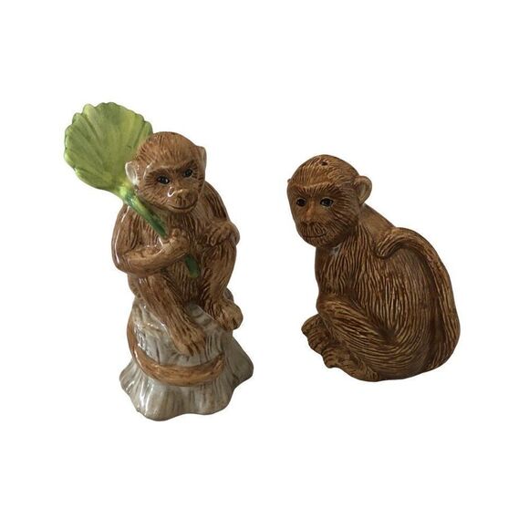 Pair of Vintage Glazed Ceramic Monkey Salt and Pepper Shakers Firebird Furniture